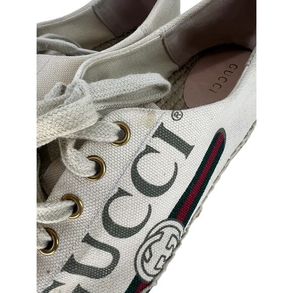 Gucci Cream Lace Up Canvas Logo Platform Espadrilles - Picture 8 of 16